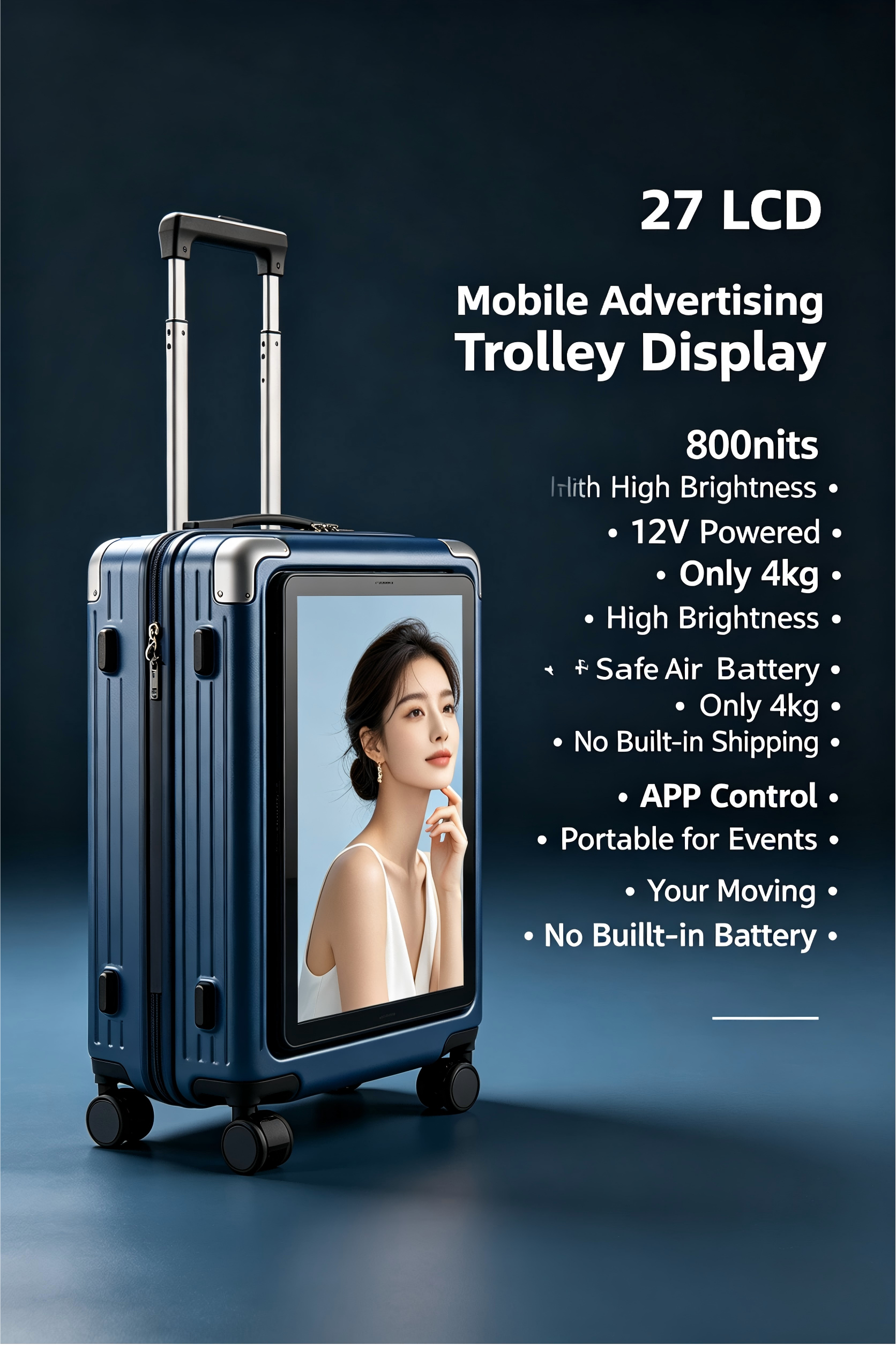 27 Inch 800nits LCD Mobile Advertising Trolley Case | 12V External Power | No Built-in Battery | Portable Rolling Display for Events & Promotion